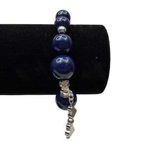 Navy Blue Acrylic Beaded Silver Heart Charm Bracelet Silver tone Accents Stretch